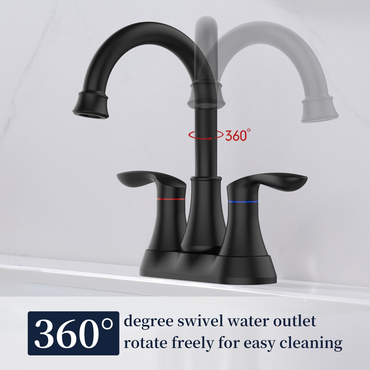 GELE Bathroom Faucet Matt Black with Pop-up Drain & Supply Hoses 2-Handle 360 Degree High Arc Swivel Spout Centerset 4 Inch Vanity Sink Faucet 4011B-MB