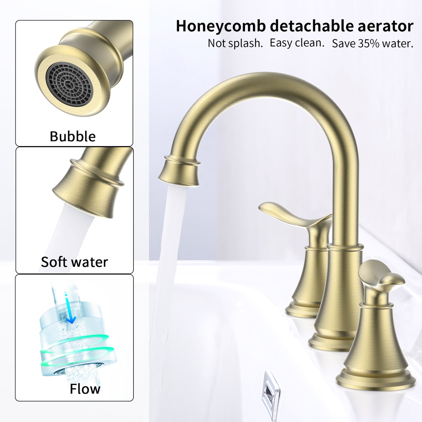 GELE 2-Handle 8 inch Widespread Bathroom Sink Faucet Brushed Gold Lavatory Faucet 3 Hole 360° Swivel Spout Vanity Sink Basin Faucets 3007B-NA