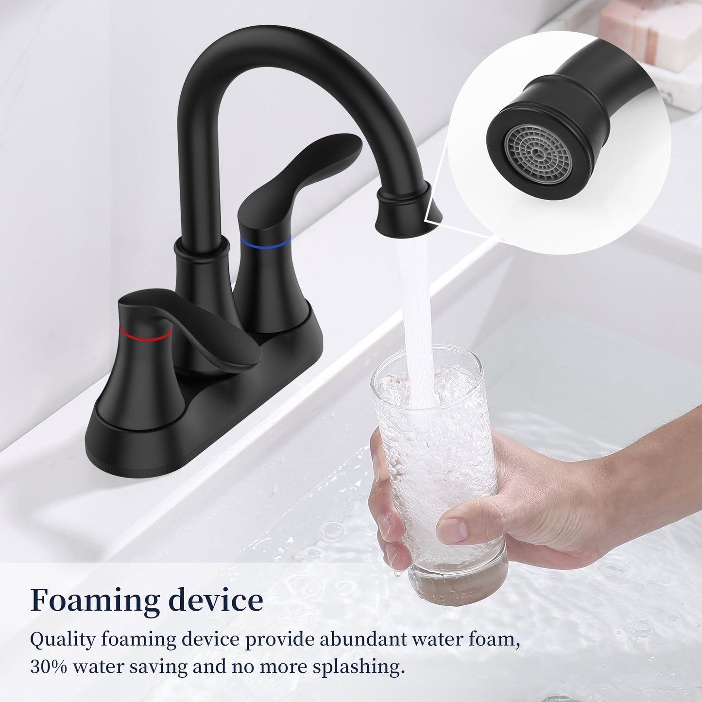 GELE Bathroom Faucet Matt Black with Pop-up Drain & Supply Hoses 2-Handle 360 Degree High Arc Swivel Spout Centerset 4 Inch Vanity Sink Faucet 4011B-MB