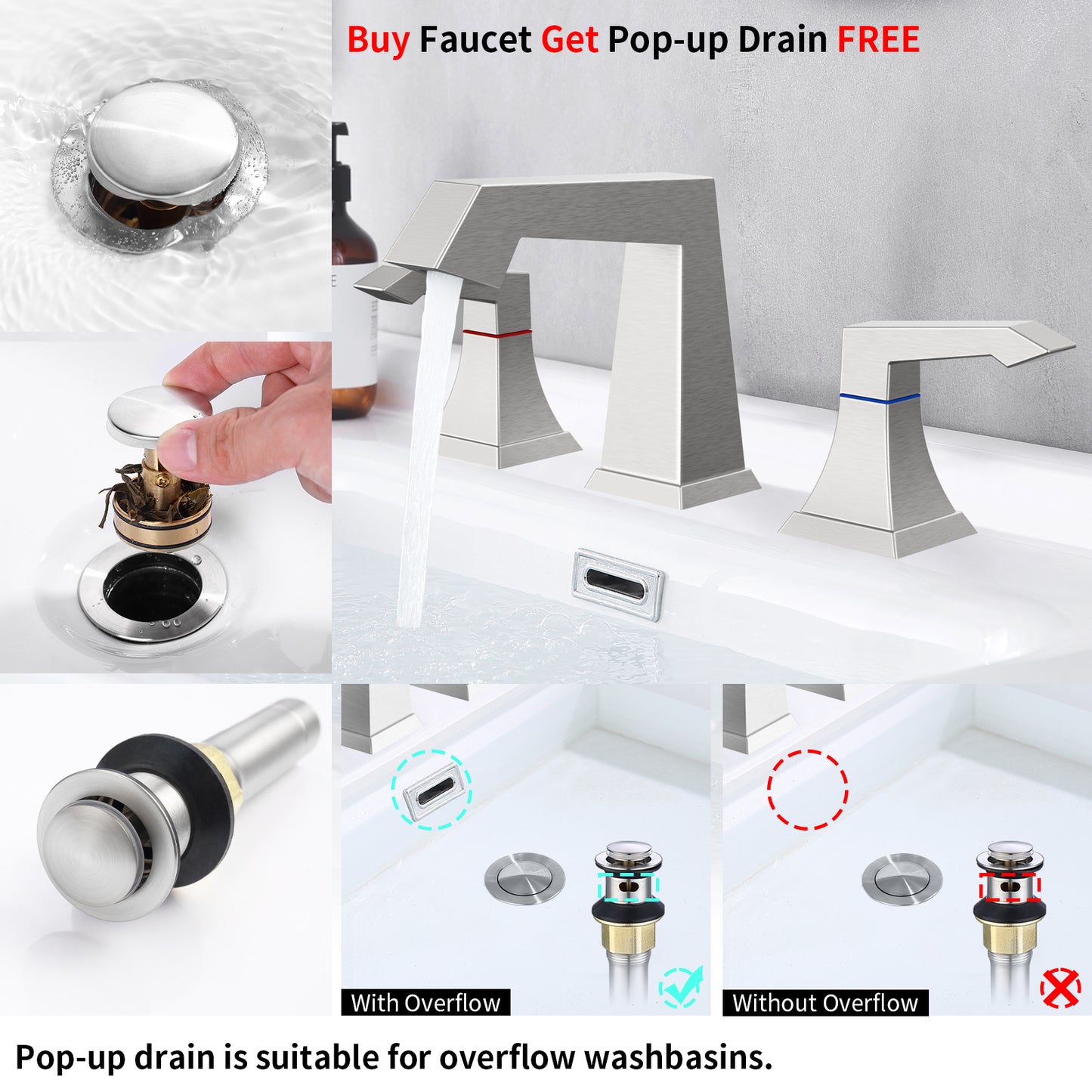 GELE 2 Handles Heavy Duty Widespread Bathroom Faucet Brushed Nickel Bathroom Sink Faucet 3 Hole with Metal Pop up Drain Assembly and Supply Hoses