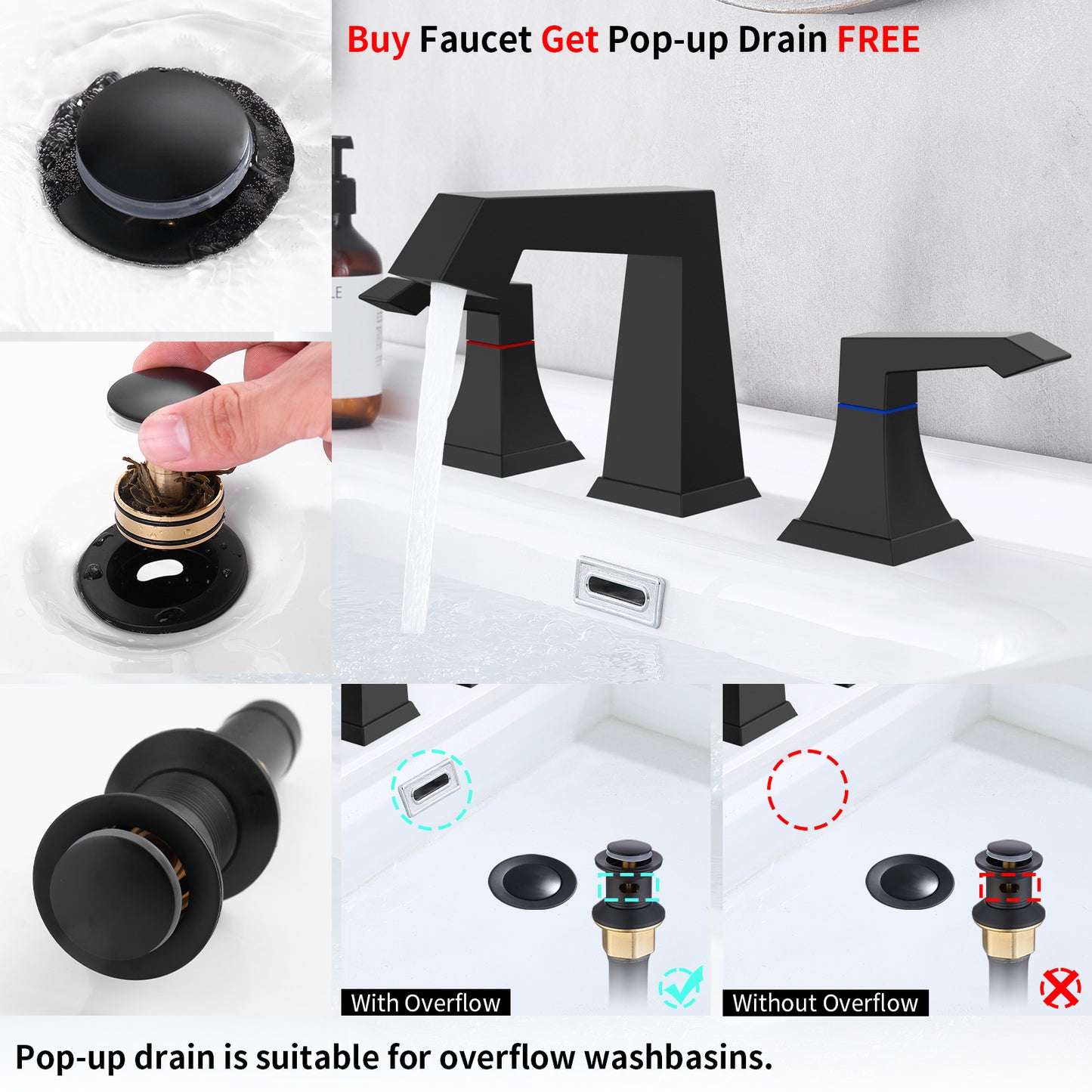 GELE 2 Handles Heavy Duty Widespread Bathroom Faucet Matt Black Bathroom Sink Faucet 3 Hole with Metal Pop up Drain Assembly and Supply Hoses