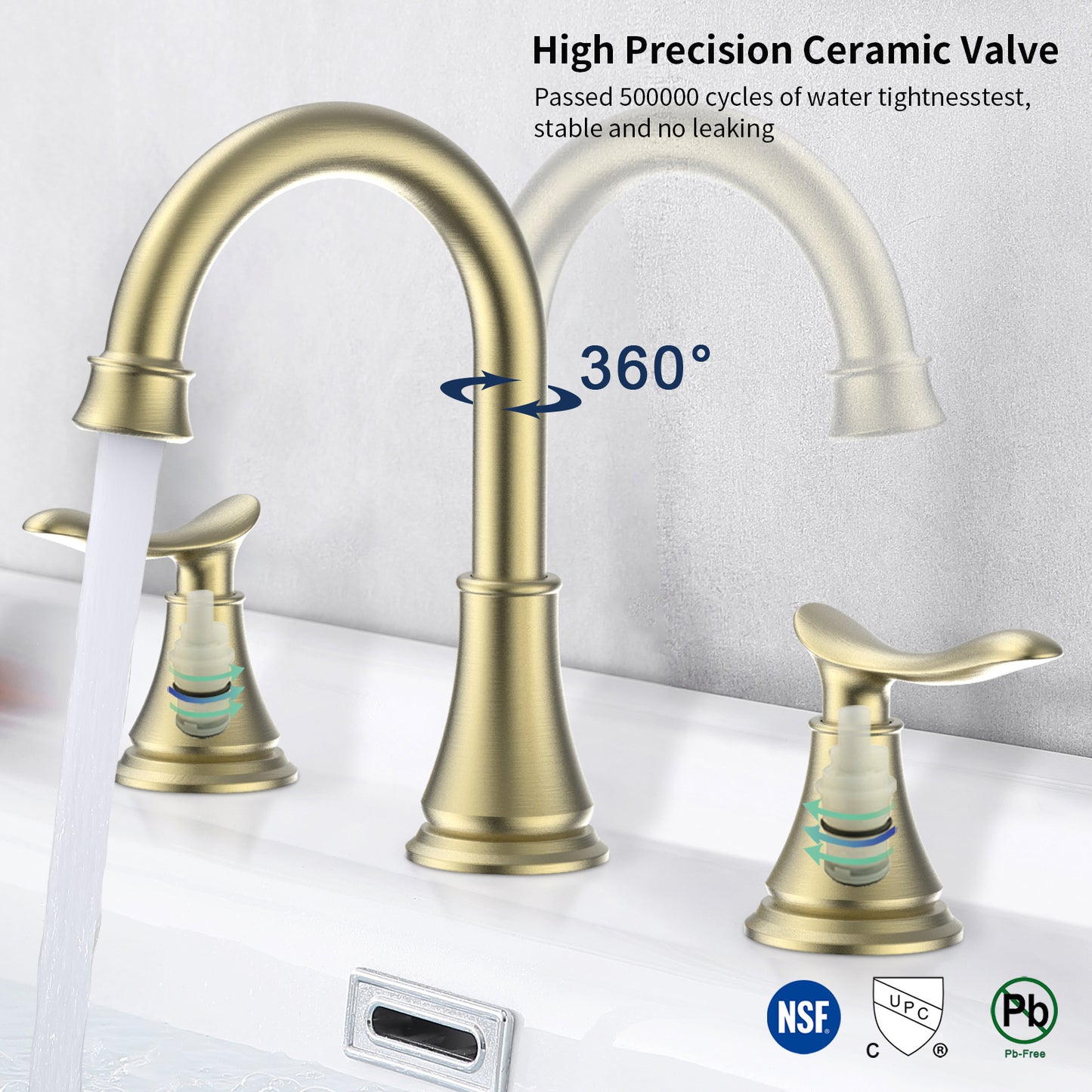 GELE 2-Handle 8 inch Widespread Bathroom Sink Faucet Brushed Gold Lavatory Faucet 3 Hole 360° Swivel Spout Vanity Sink Basin Faucets 3007B-NA