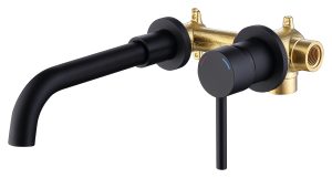 Wall Mount Faucet for Bathroom Sink or Bathtub, Single Handle 2 Holes Brass Rough-in Valve Included, Matte Black